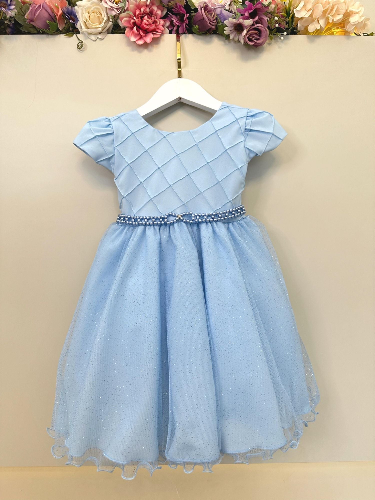 Vestido Infantil Azul Claro com Busto Nervura para Festas e Daminhas