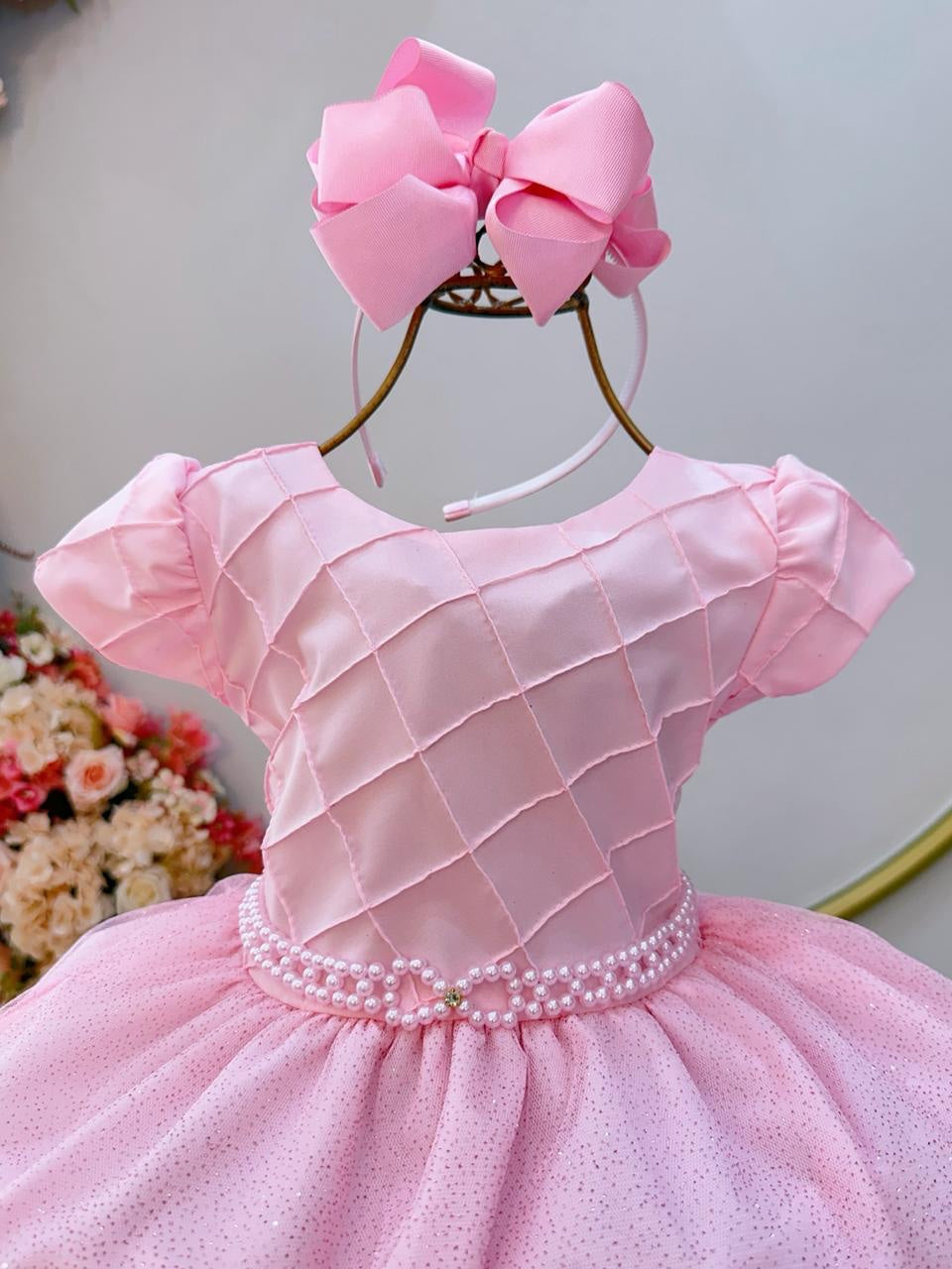 Vestido Infantil Rosa Claro com Busto Nervurado para Festas de Daminhas