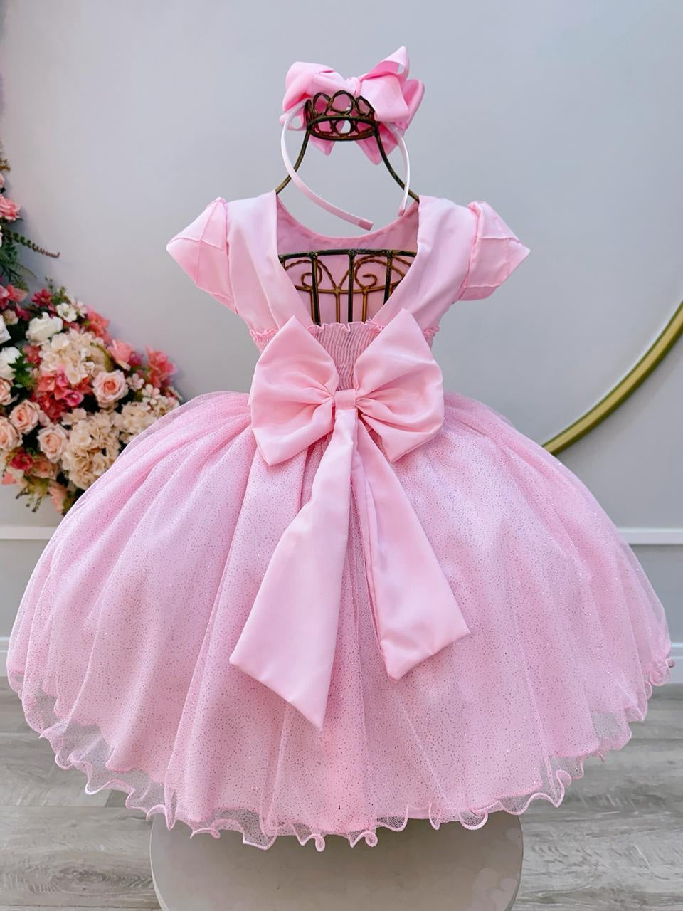 Vestido Infantil Rosa Claro com Busto Nervurado para Festas de Daminhas