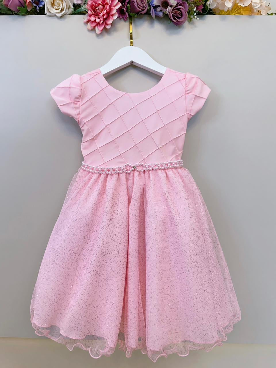Vestido Infantil Rosa Claro com Busto Nervurado para Festas de Daminhas
