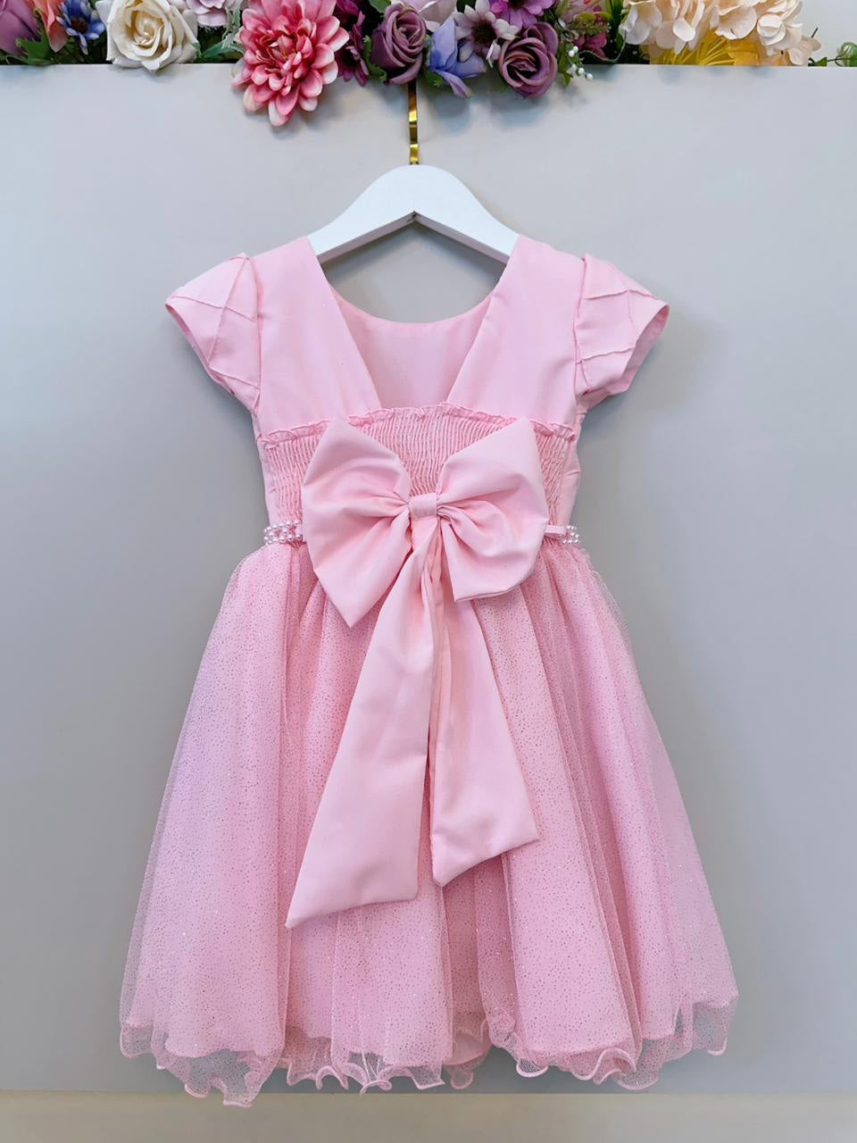 Vestido Infantil Rosa Claro com Busto Nervurado para Festas de Daminhas