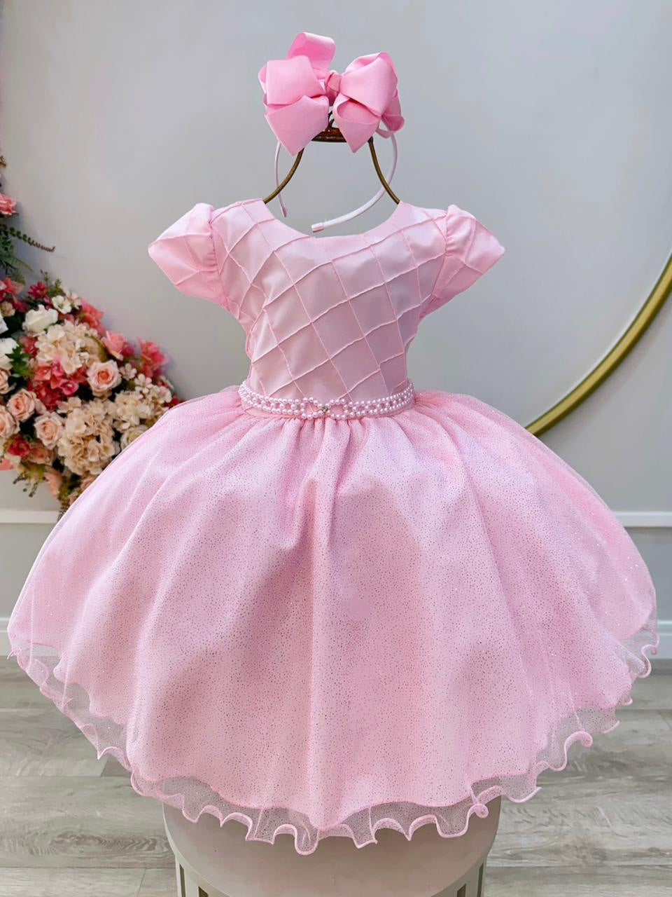 Vestido Infantil Rosa Claro com Busto Nervurado para Festas de Daminhas