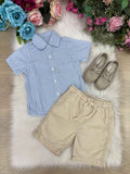 Conjunto Azul Listrado para Meninos com Camisa de Linho e Bermuda Confortável