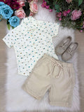 Conjunto Infantil Off de Linho com Camisa e Bermuda Bege para Meninos