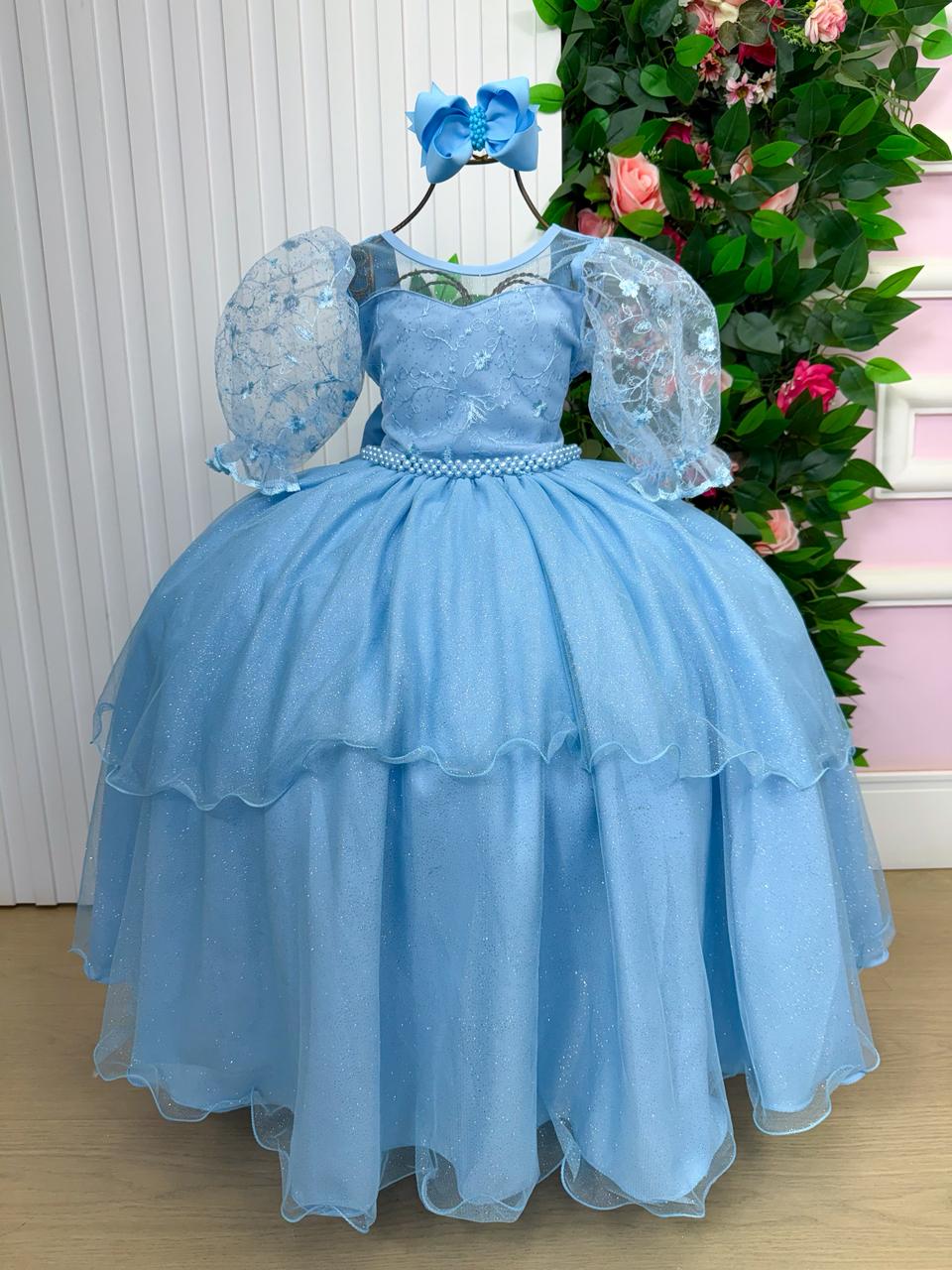 Vestido Longo Azul Bebê com Tule e Bordado Floral para Daminhas