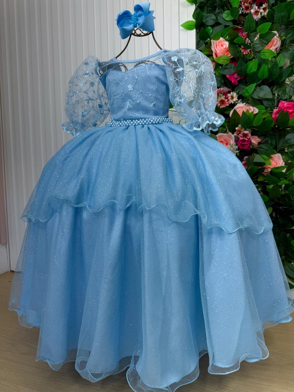 Vestido Longo Azul Bebê com Tule e Bordado Floral para Daminhas