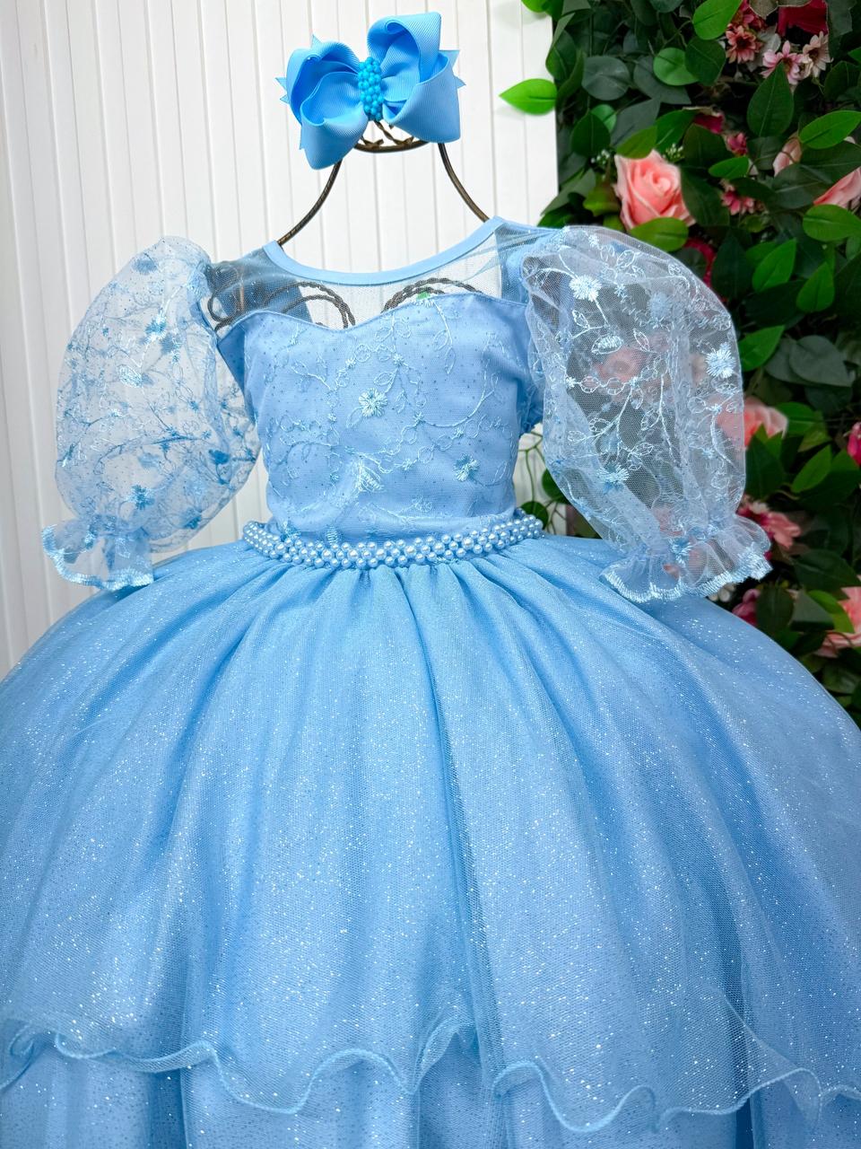 Vestido Longo Azul Bebê com Tule e Bordado Floral para Daminhas