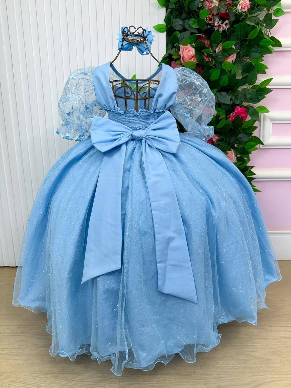 Vestido Longo Azul Bebê com Tule e Bordado Floral para Daminhas