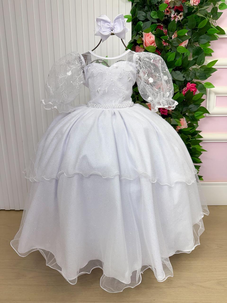 Vestido Longo Branco com Bordados Florais e Tule para Daminhas
