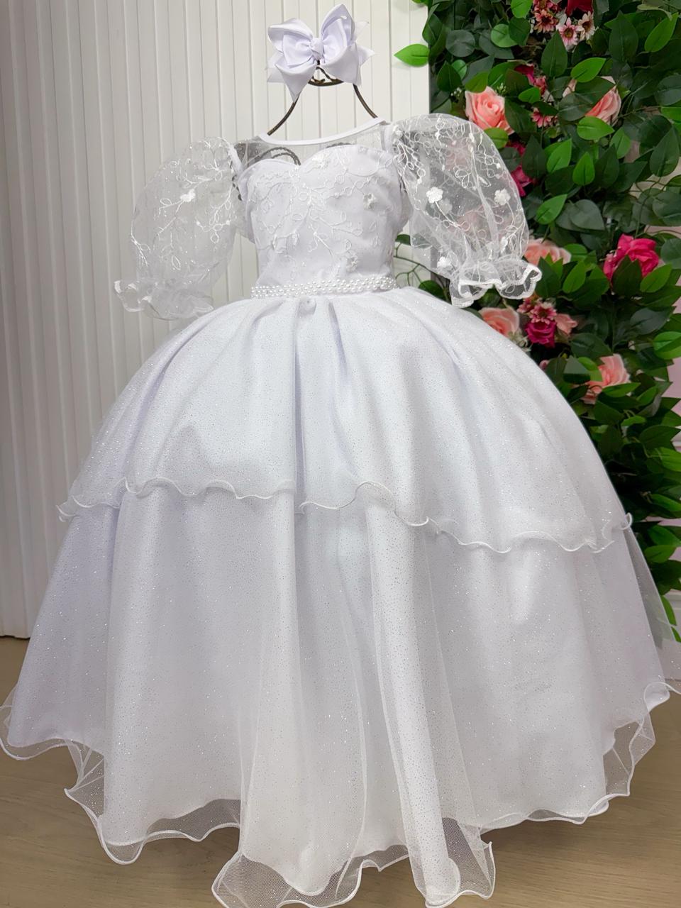 Vestido Longo Branco com Bordados Florais e Tule para Daminhas