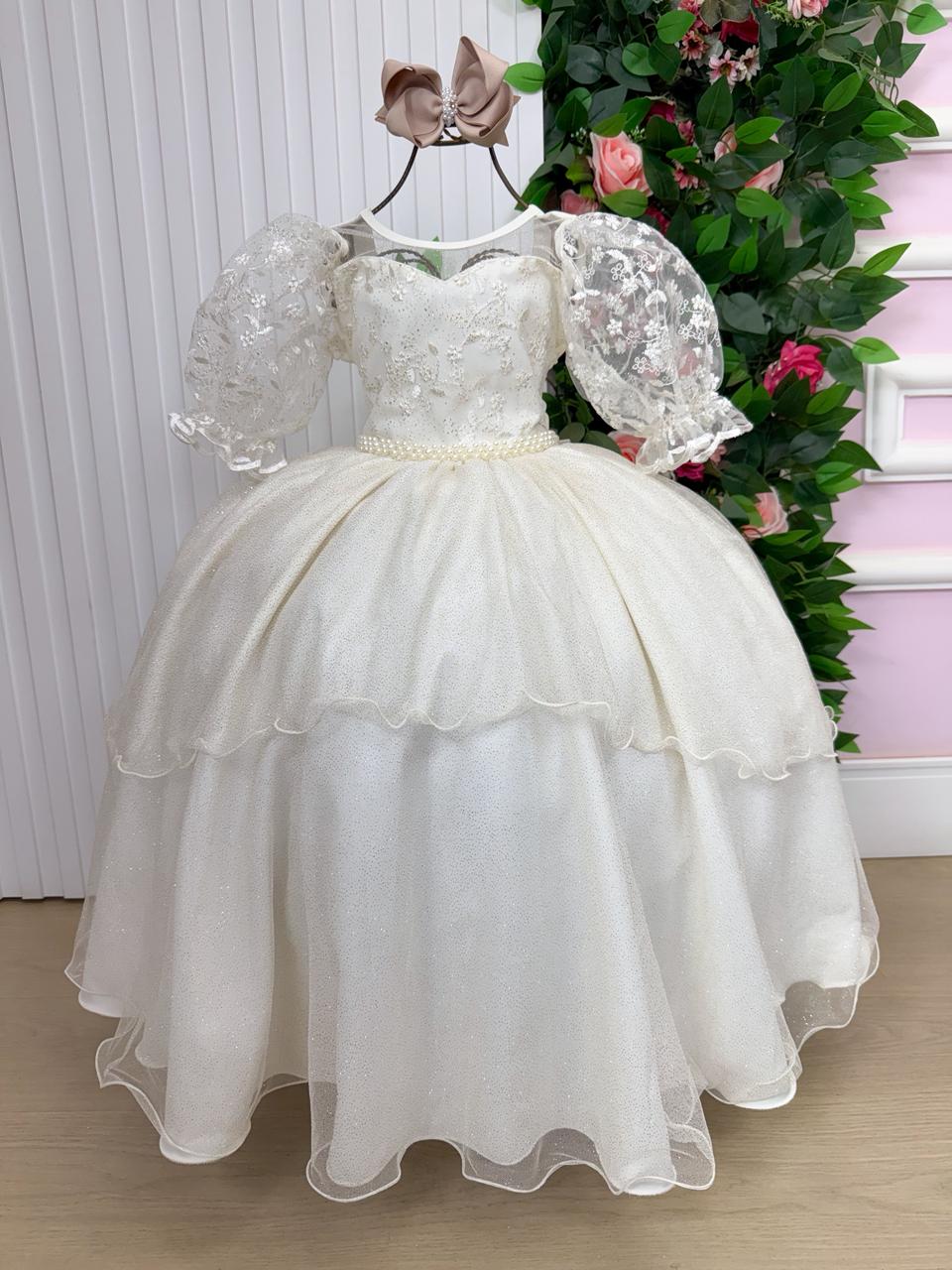 Vestido Longo Off-white com Bordados Florais e Tule para Daminhas