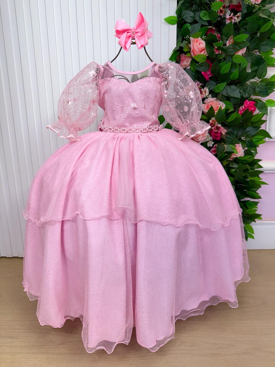 Vestido Longo Rosa Bebê em Tule com Bordados Florais