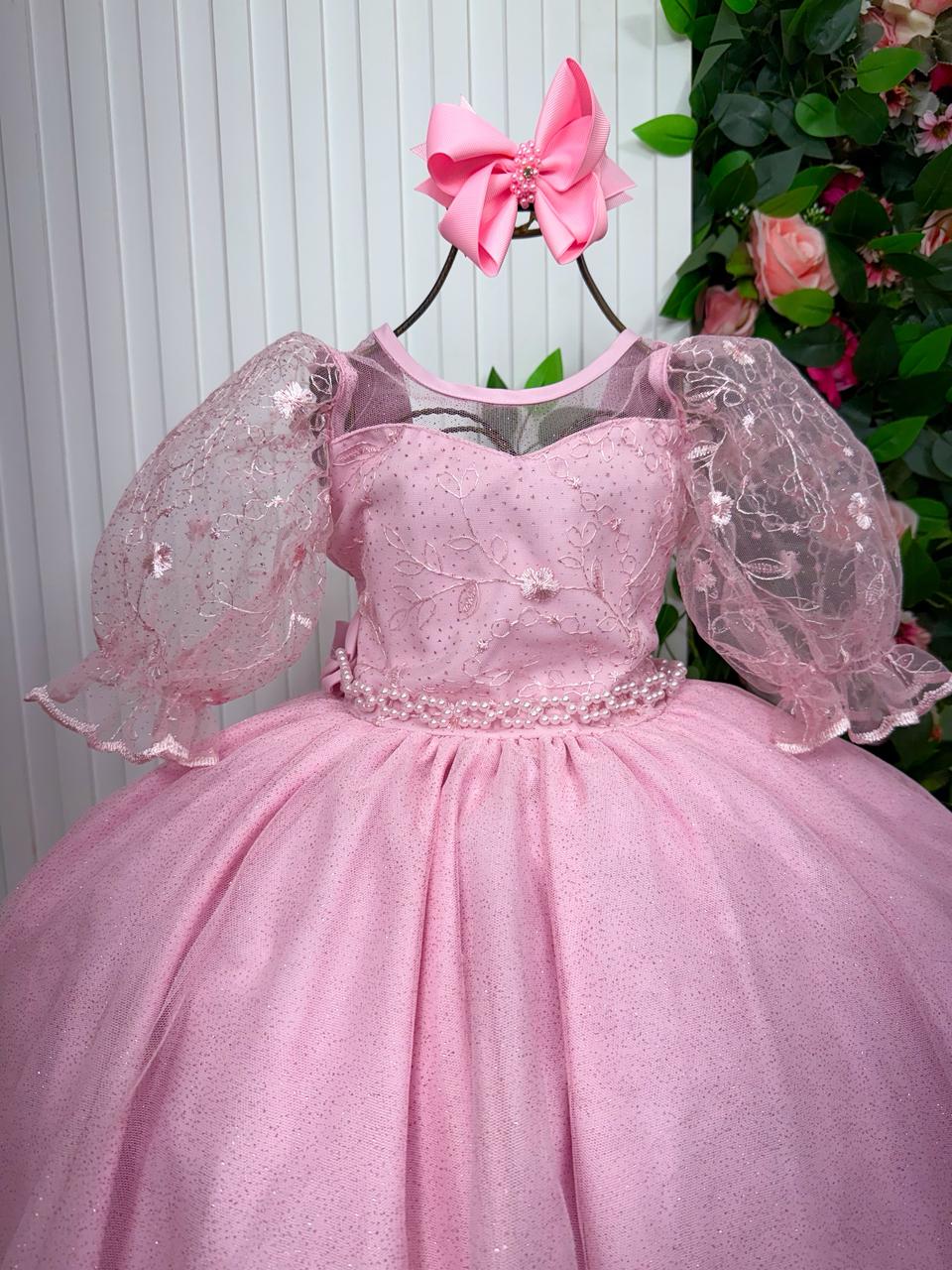 Vestido Longo Rosa Bebê em Tule com Bordados Florais