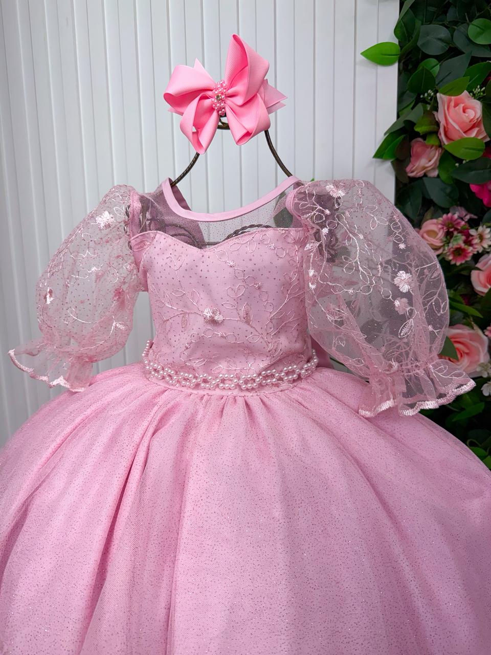 Vestido Longo Rosa Bebê em Tule com Bordados Florais