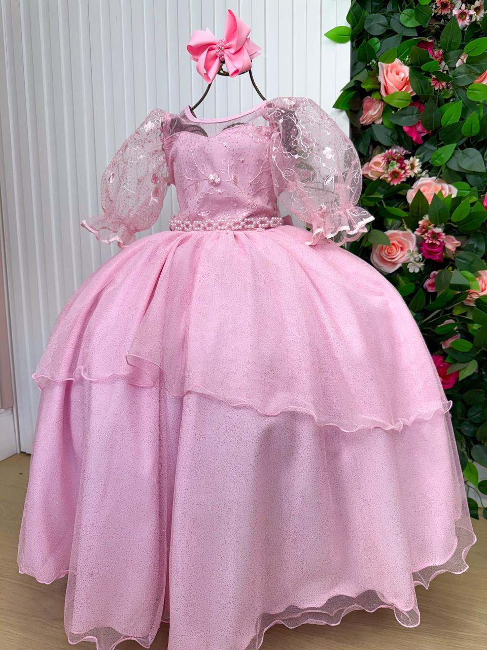 Vestido Longo Rosa Bebê em Tule com Bordados Florais