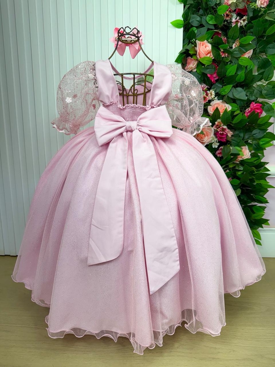 Vestido Longo Rosa Bebê em Tule com Bordados Florais