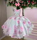 Vestido Floral Rosa e Verde Claro em Tule para Festas Infantis