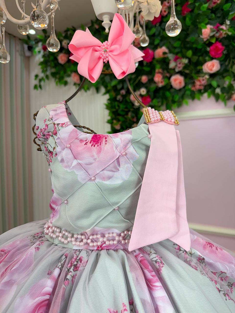 Vestido Floral Rosa e Verde Claro em Tule para Festas Infantis