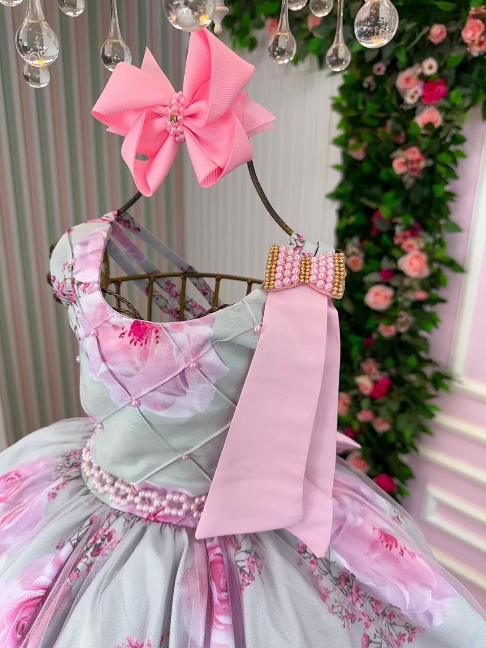 Vestido Floral Rosa e Verde Claro em Tule para Festas Infantis
