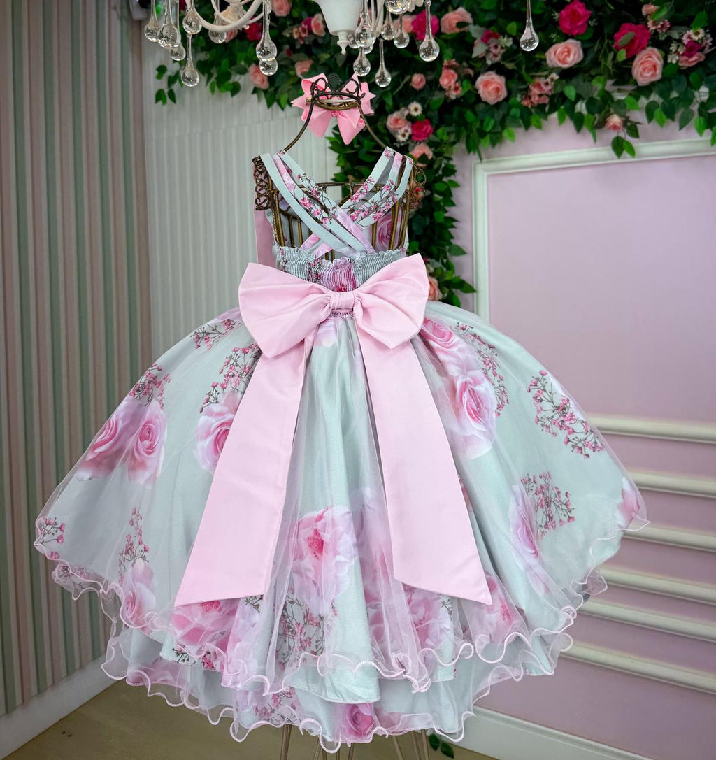 Vestido Floral Rosa e Verde Claro em Tule para Festas Infantis