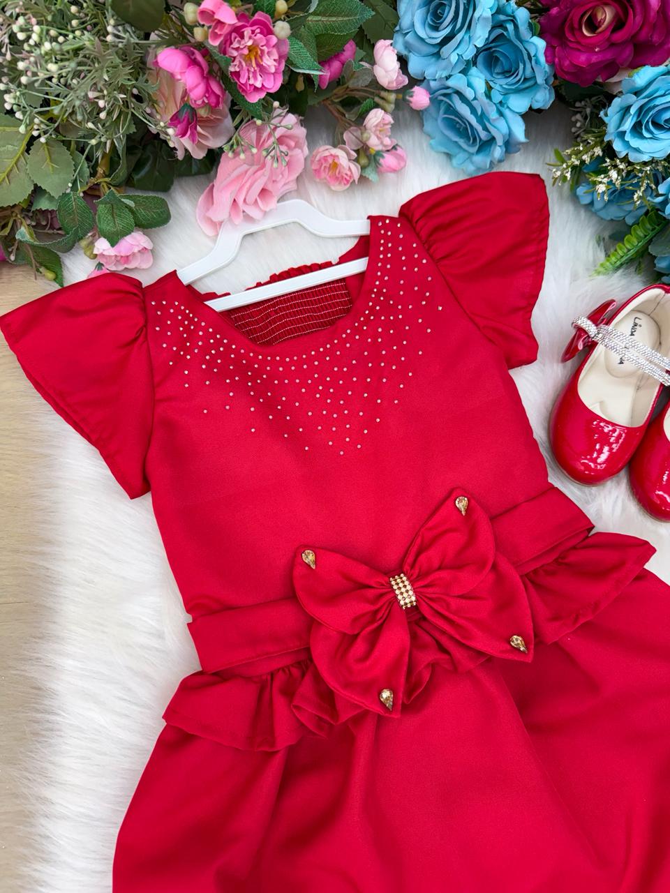Vestido Infantil Vermelho Luxo com Laço e Pedrarias
