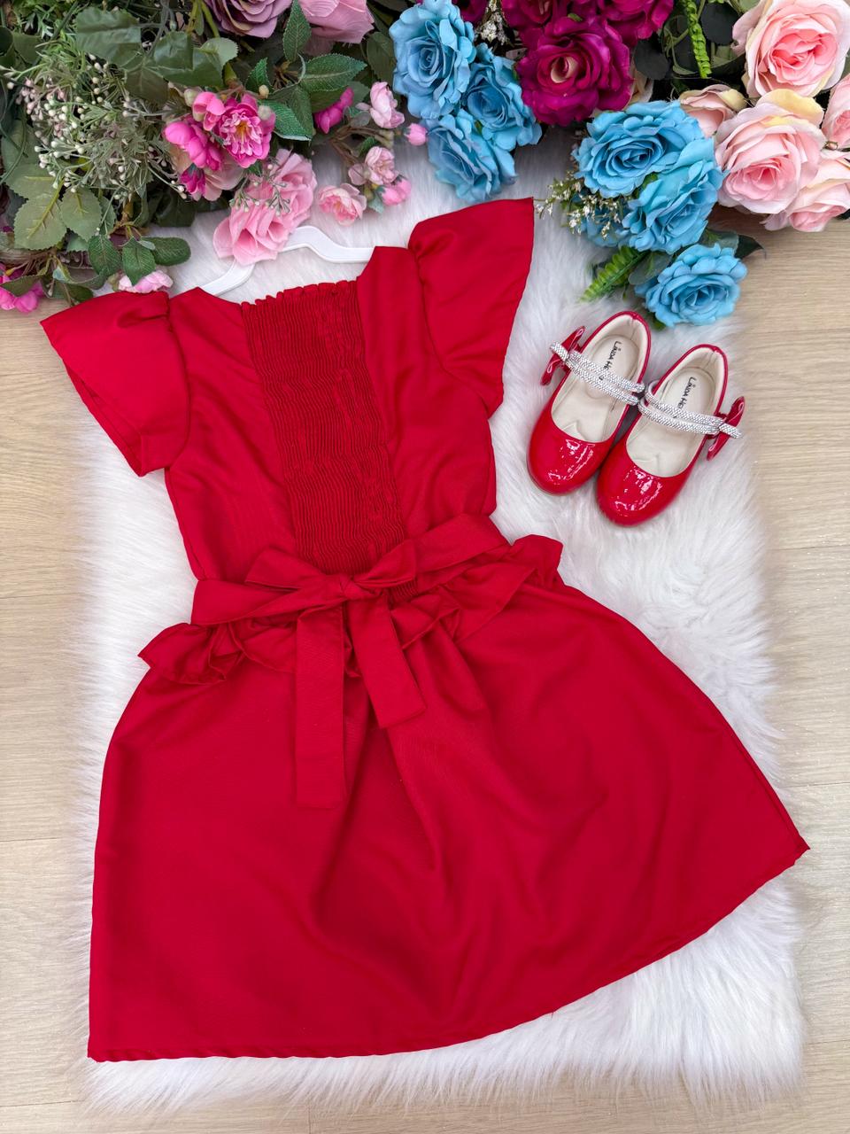 Vestido Infantil Vermelho Luxo com Laço e Pedrarias