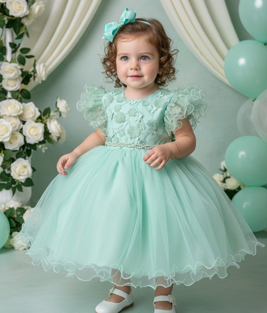 Vestido Verde Menta Infantil em Tecido Misto com Laço nas Costas