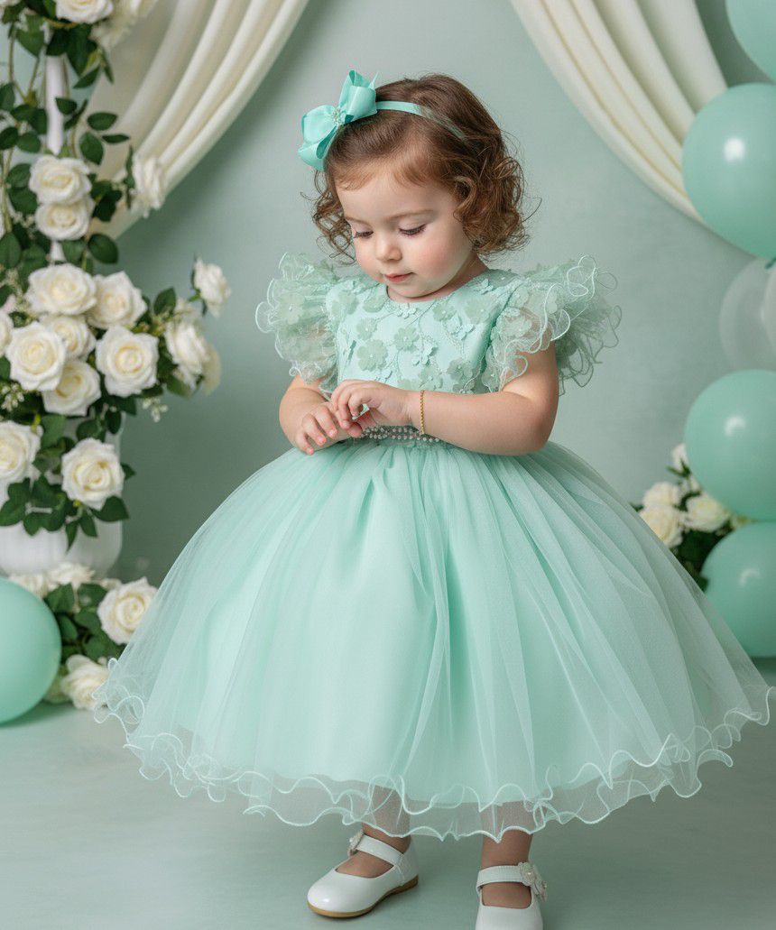 Vestido Verde Menta Infantil em Tecido Misto com Laço nas Costas