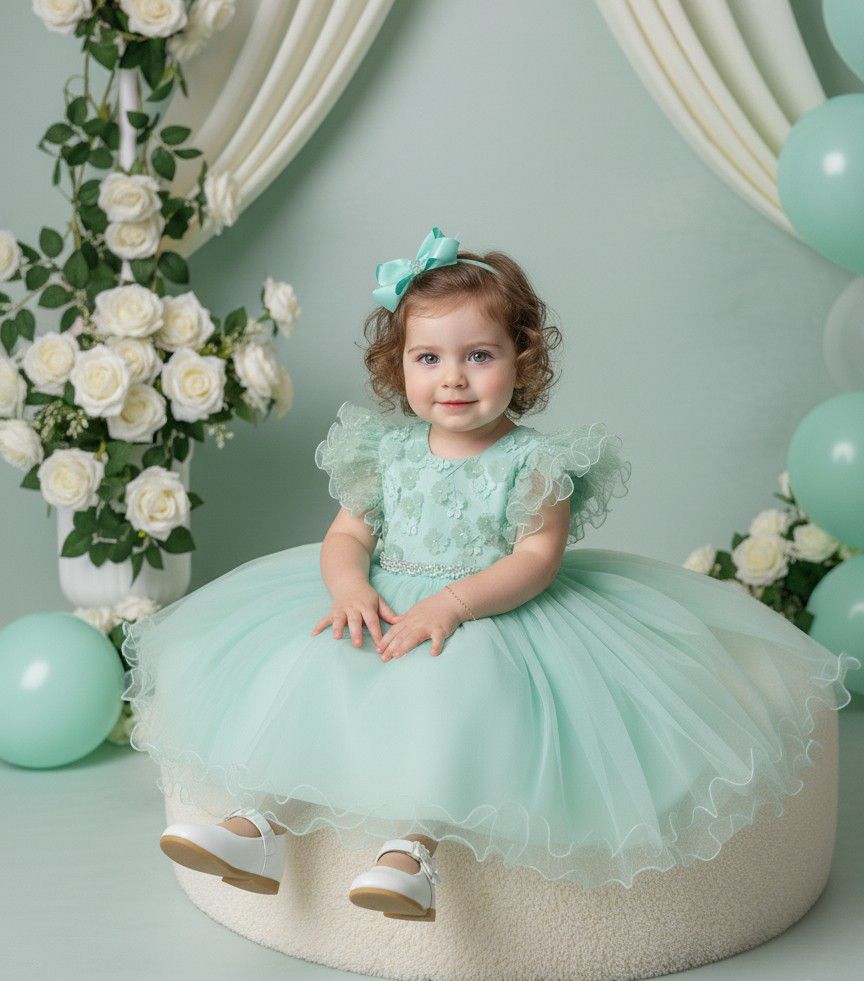Vestido Verde Menta Infantil em Tecido Misto com Laço nas Costas