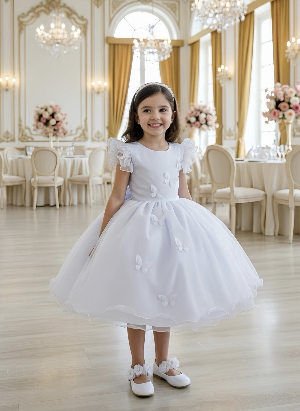 Vestido Infantil Branco com Estampa de Borboletas para Festas