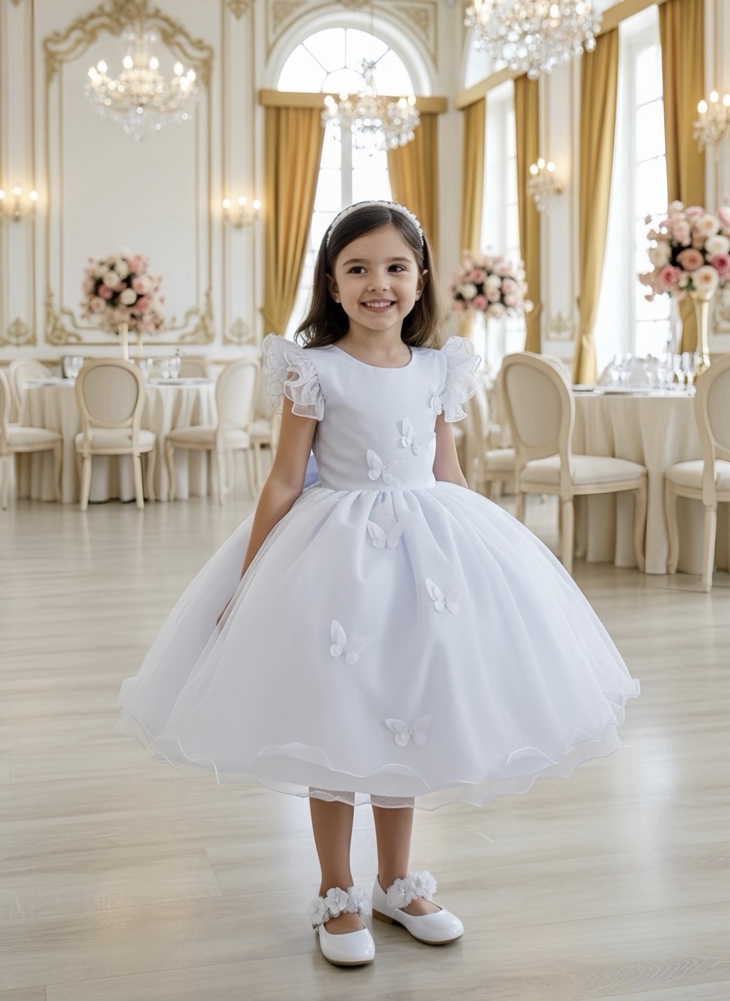 Vestido Infantil Branco com Estampa de Borboletas para Festas