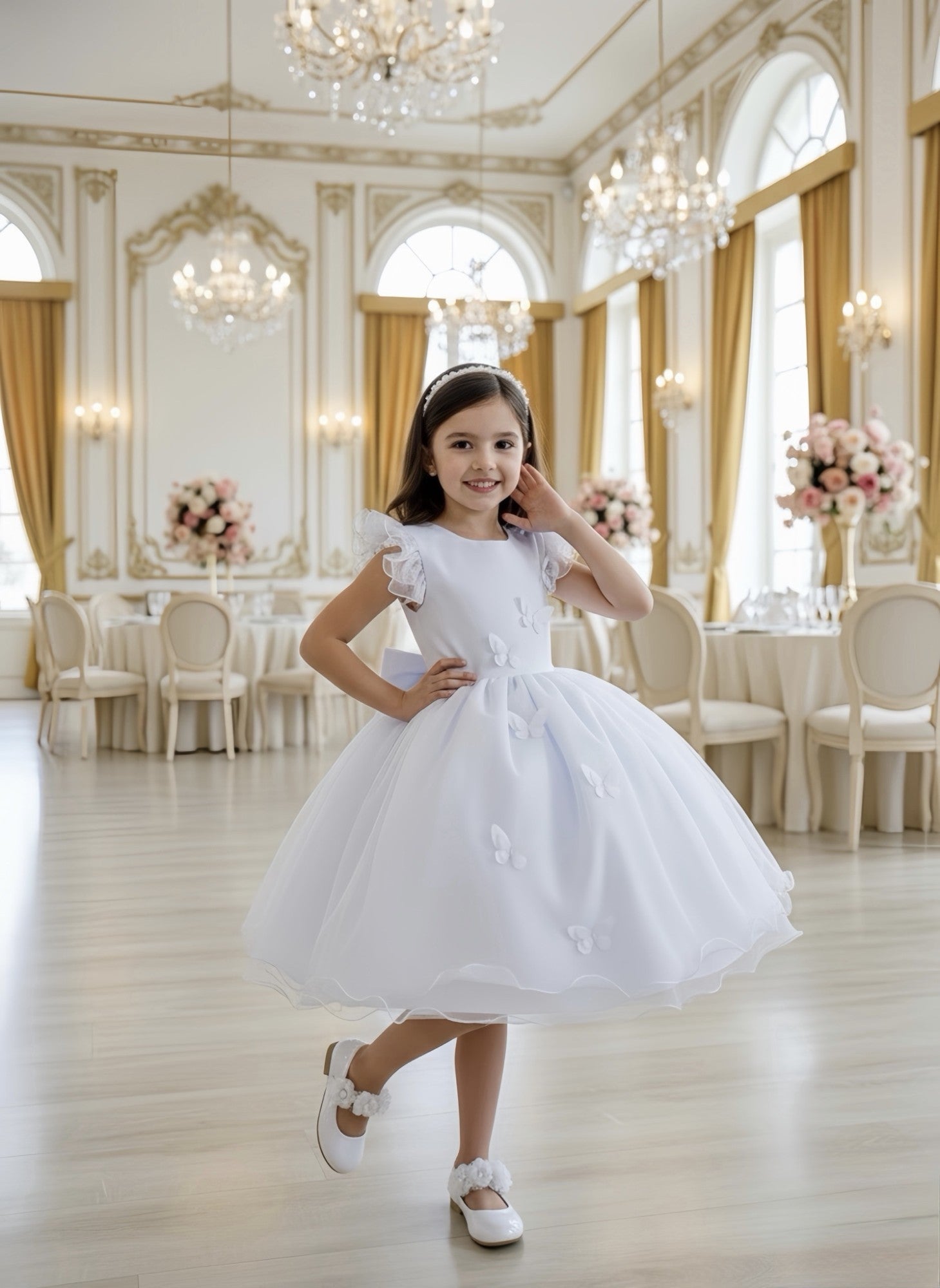 Vestido Infantil Branco com Estampa de Borboletas para Festas
