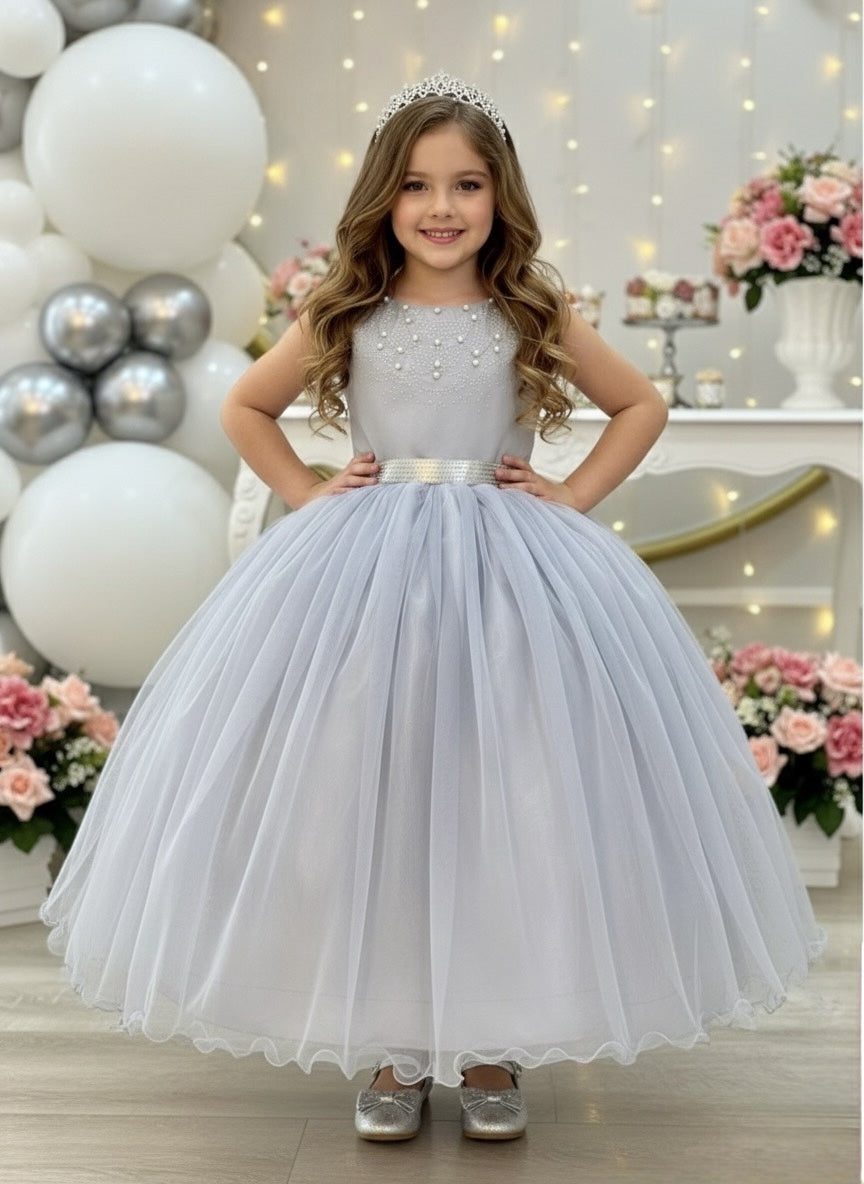 Vestido Longo Infantil Prata com Pérolas para Damas de Honra