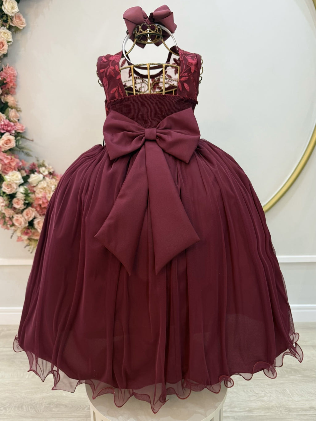 Vestido Longo Infantil Marsala com Renda para Festas e Casamentos