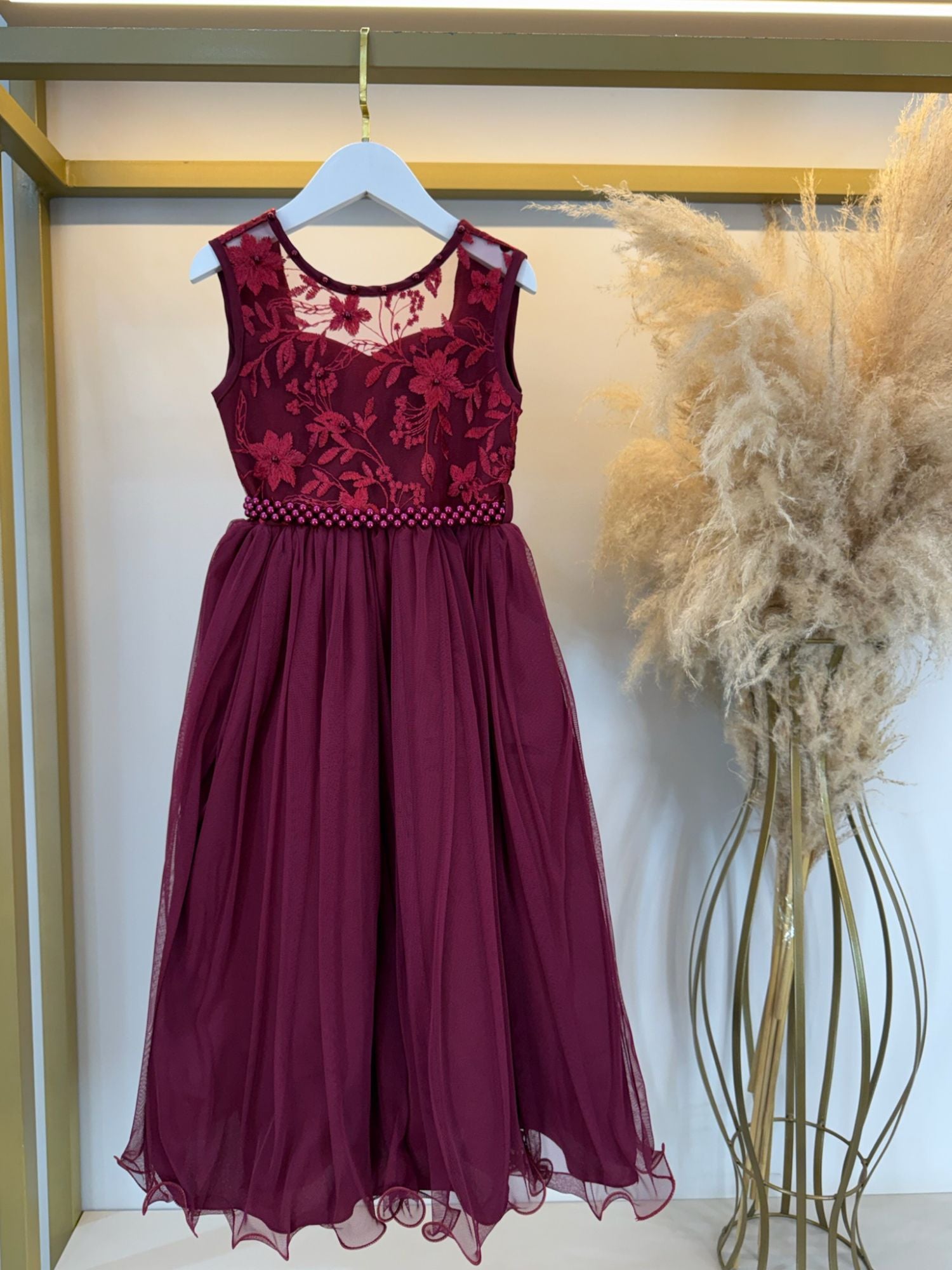 Vestido Longo Infantil Marsala com Renda para Festas e Casamentos