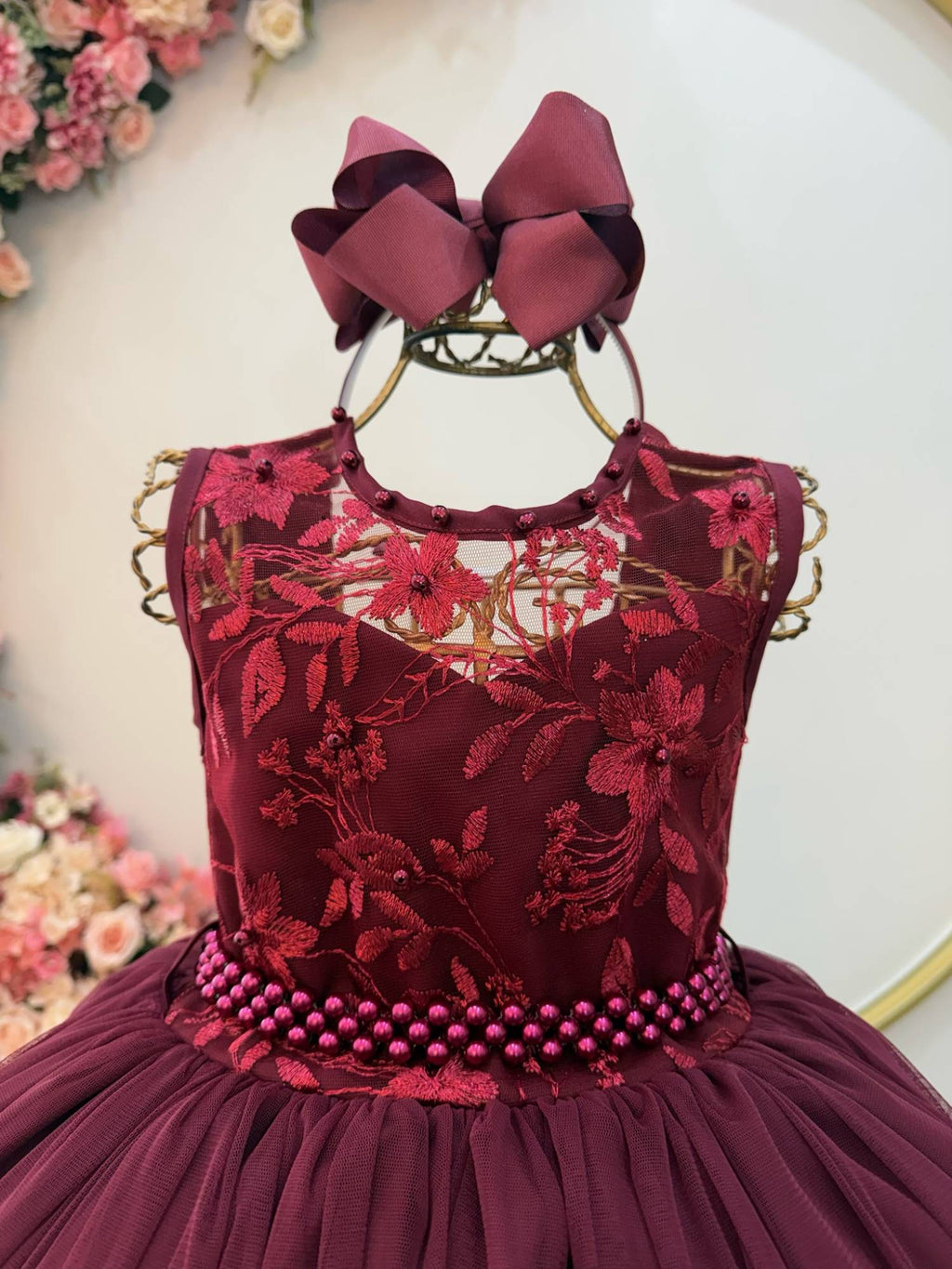 Vestido Longo Infantil Marsala com Renda para Festas e Casamentos