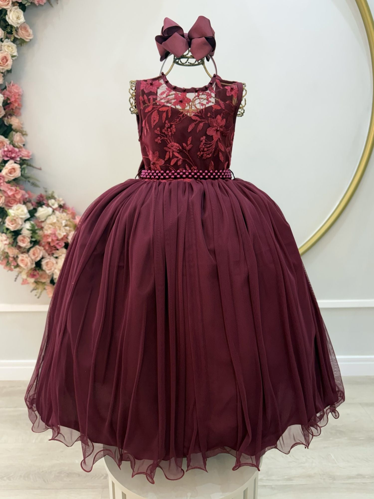 Vestido Longo Infantil Marsala com Renda para Festas e Casamentos