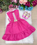 Vestido Infantil Evasê Pink com Renda e Laço de Pérolas