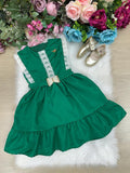 Vestido Infantil Evasê Verde com Renda e Laço de Pérolas