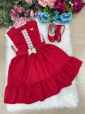 Vestido Infantil Evasê Vermelho com Renda e Laço de Pérolas