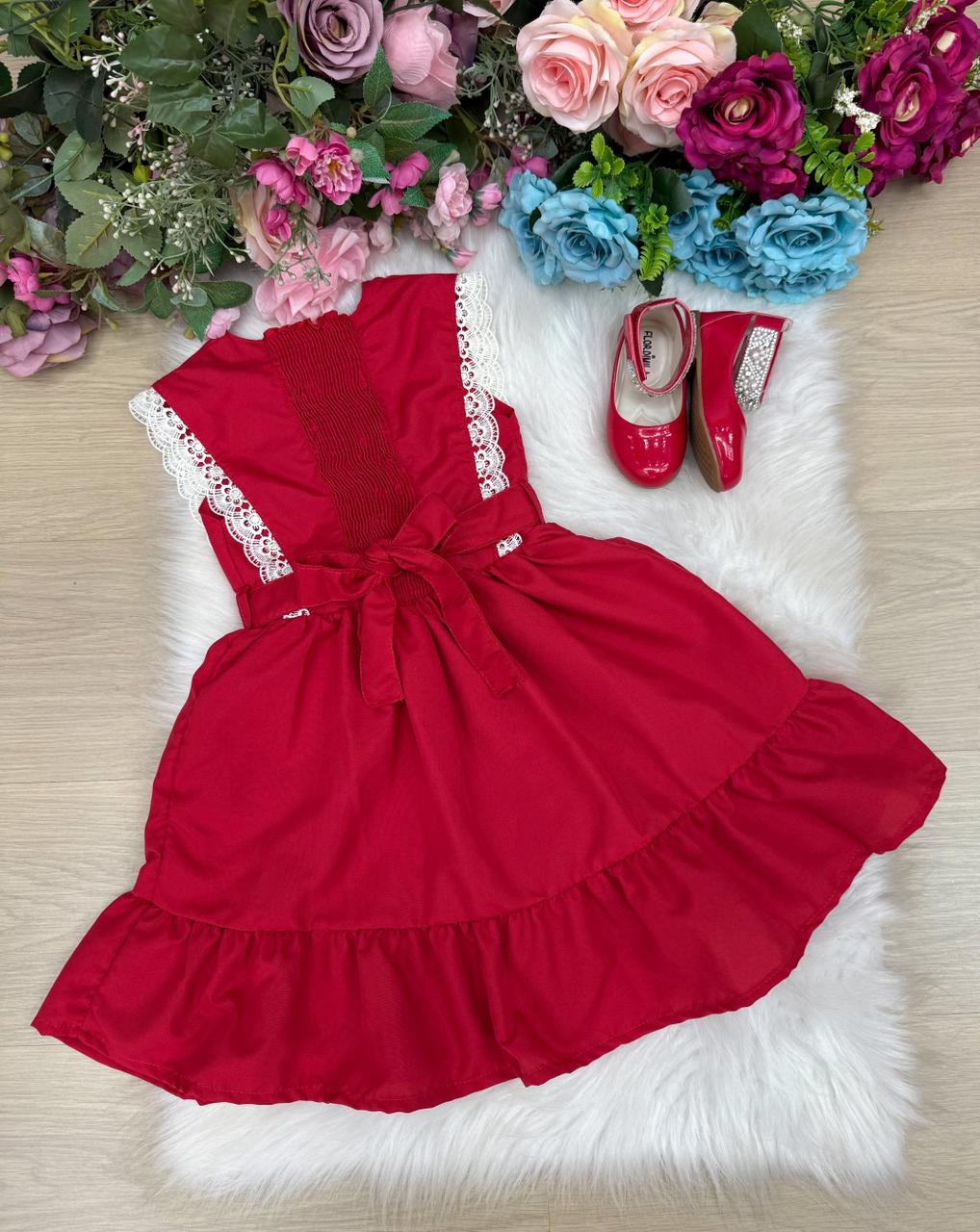 Vestido Infantil Evasê Vermelho com Renda e Laço de Pérolas