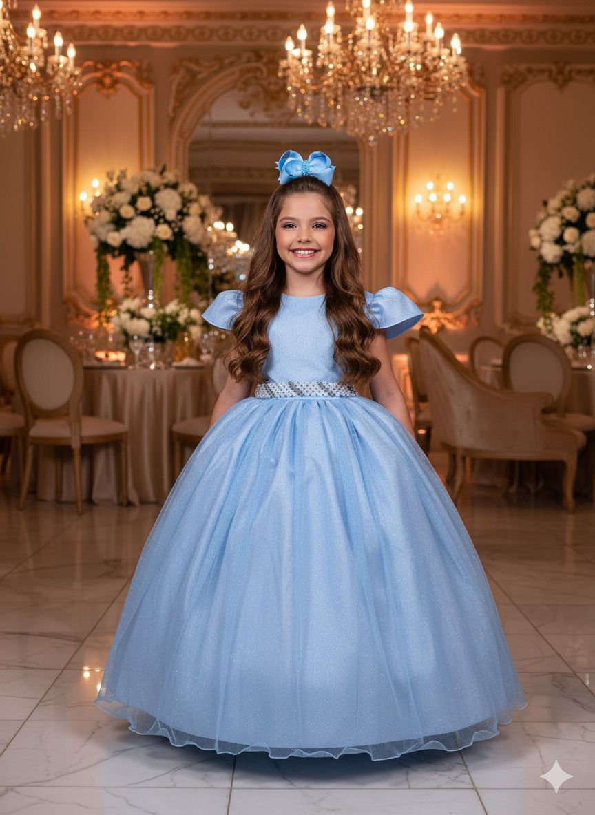 Vestido Heloísa Azul Bebê em Tule com Brilho Suave para Daminhas e Batizados