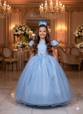 Vestido Heloísa Azul Bebê em Tule com Brilho Suave para Daminhas e Batizados