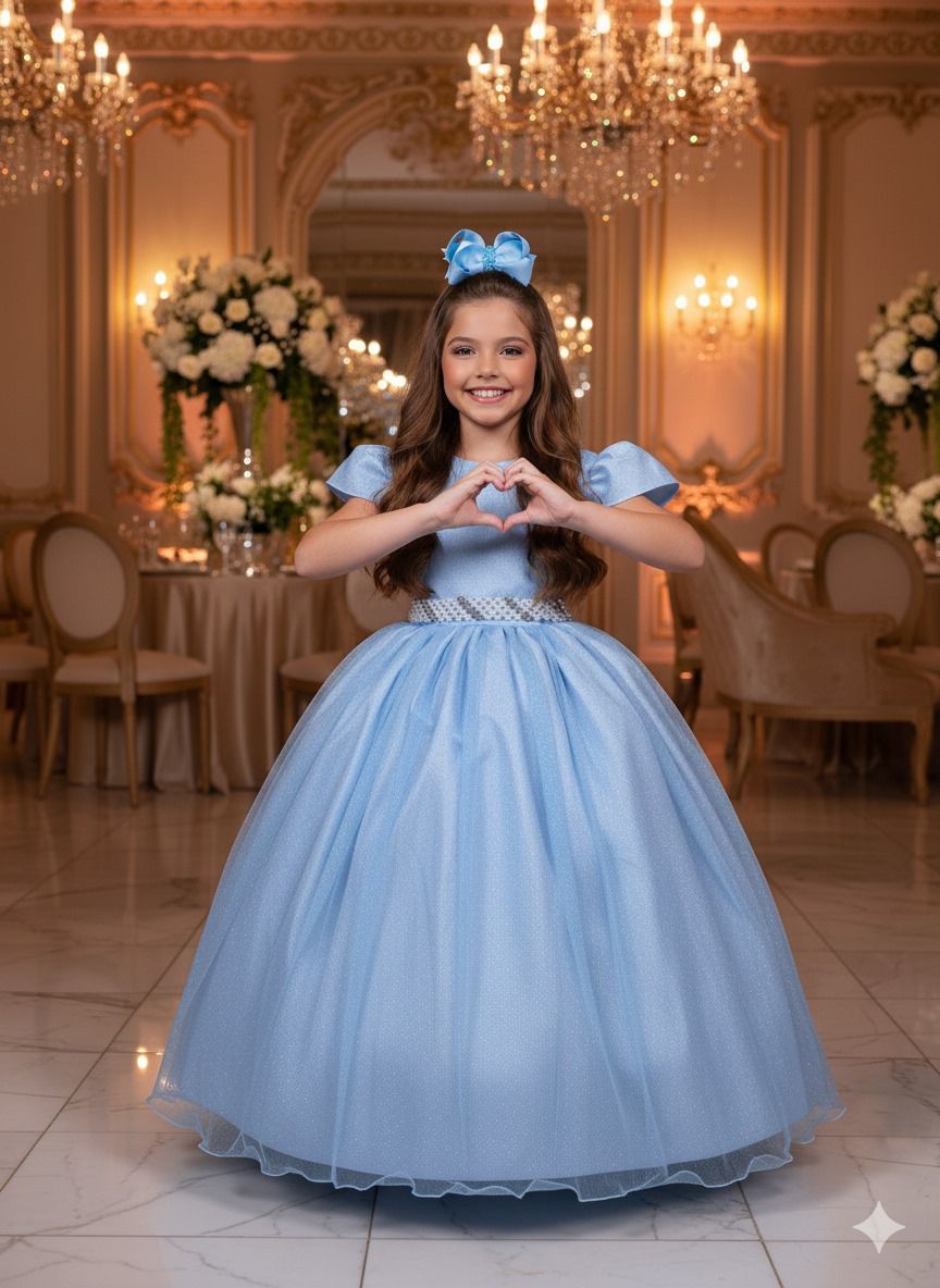 Vestido Heloísa Azul Bebê em Tule com Brilho Suave para Daminhas e Batizados