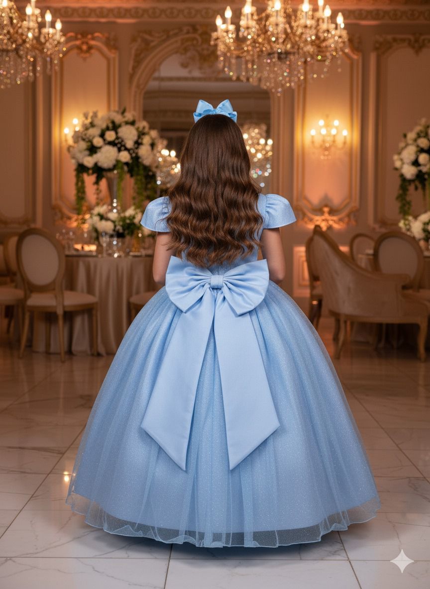 Vestido Heloísa Azul Bebê em Tule com Brilho Suave para Daminhas e Batizados