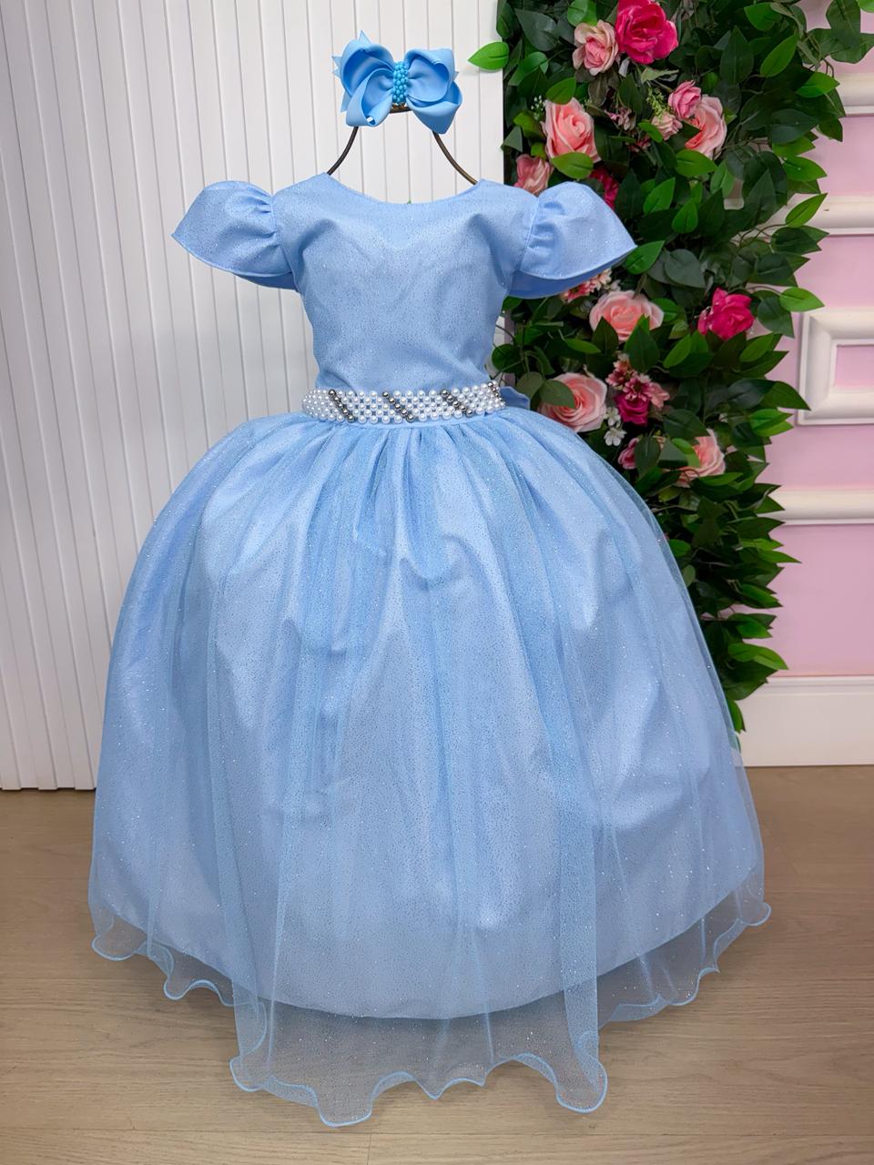 Vestido Heloísa Azul Bebê em Tule com Brilho Suave para Daminhas e Batizados