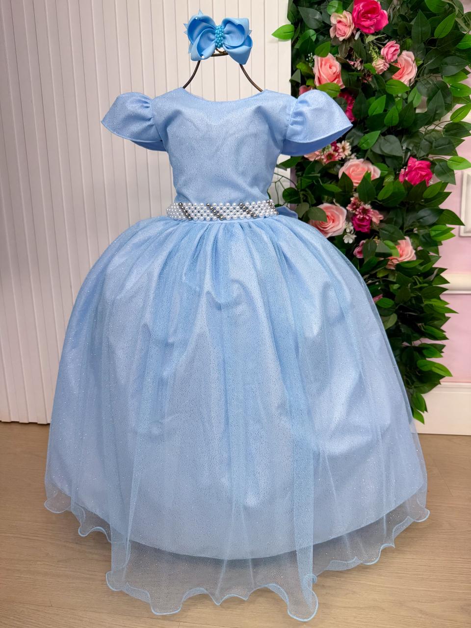 Vestido Heloísa Azul Bebê em Tule com Brilho Suave para Daminhas e Batizados