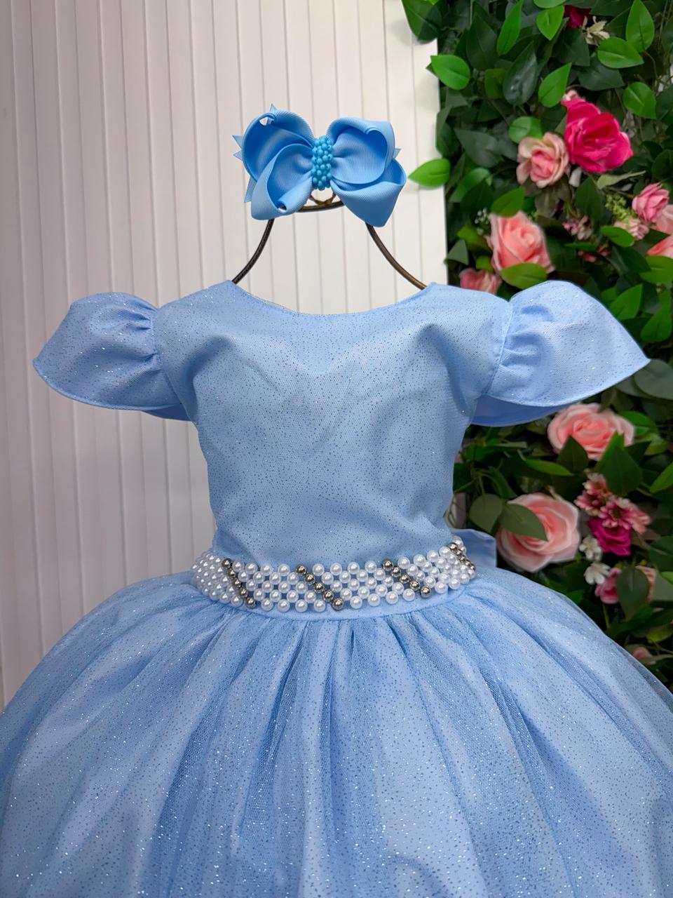 Vestido Heloísa Azul Bebê em Tule com Brilho Suave para Daminhas e Batizados