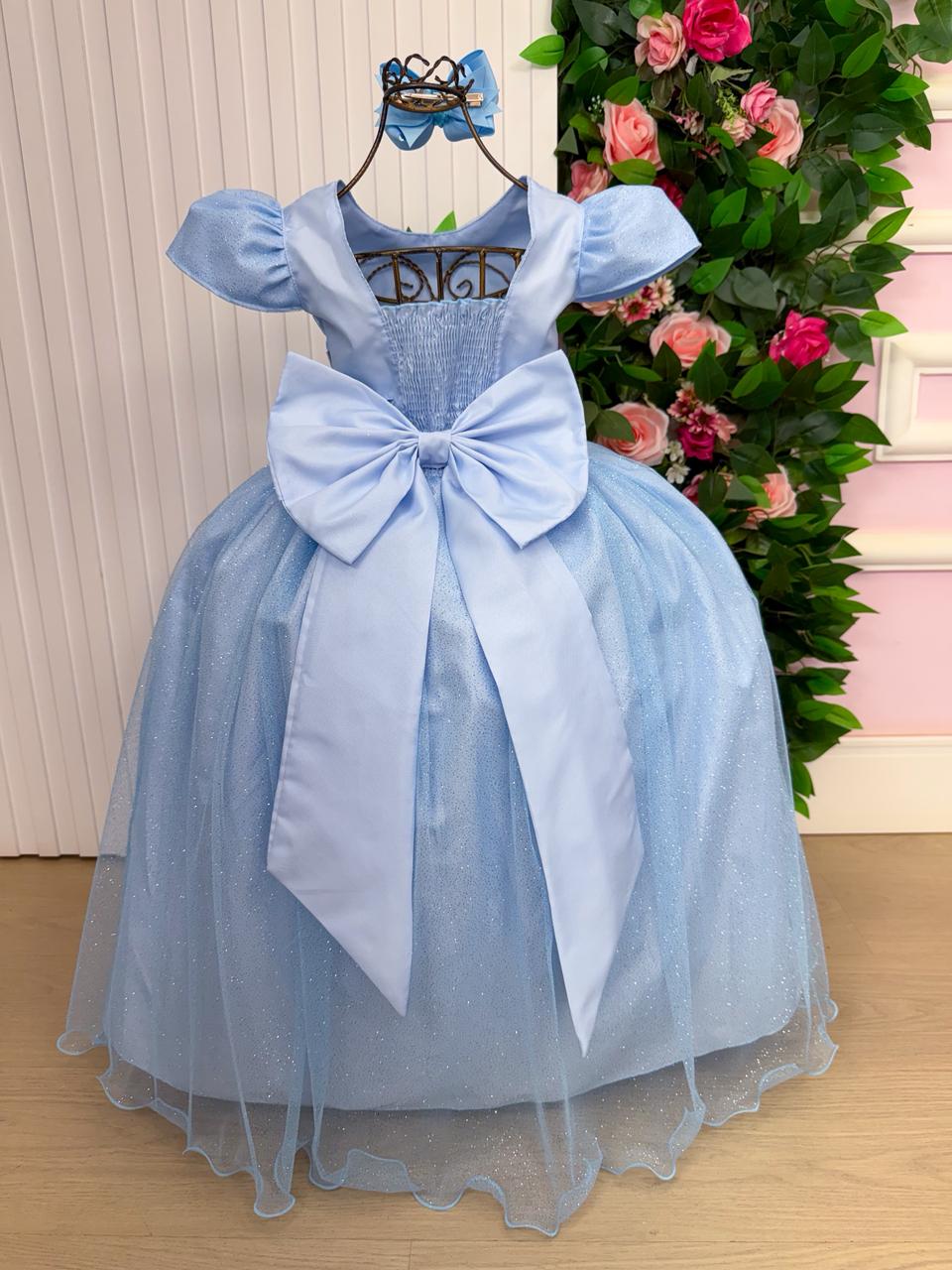 Vestido Heloísa Azul Bebê em Tule com Brilho Suave para Daminhas e Batizados