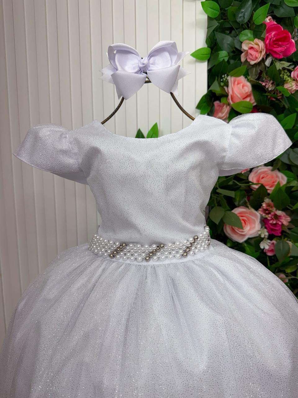 Vestido Heloísa Branco de Tule com Brilho para Daminhas